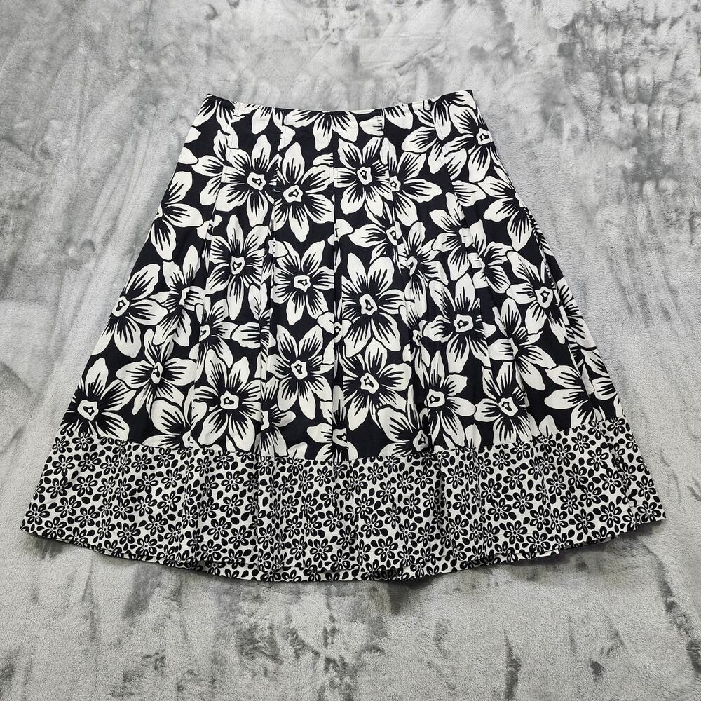 Vintage Covington Skirt Womens 14 Black White Floral Pleated A-Line Cotton Midi